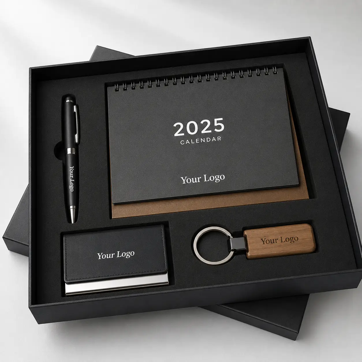Corporate Gift Set with Desk Calendar, Visiting Card Holder, Wooden Key Ring & Pen - Image 2
